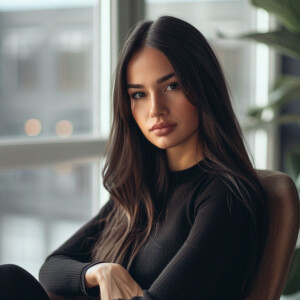 Fair-skinned woman with dark long hair, elegant and composed, si...