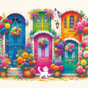 This is a background image of a facade of multiple colorful door...