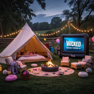 Outdoor girls' glamping birthday sleepover party featuring a  be...