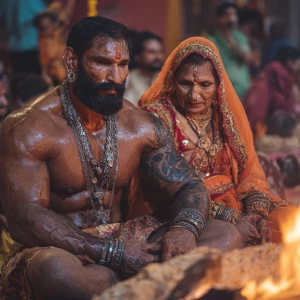 Hyperrealism photo art.a beefy muscular sweaty criminal man ,sit...