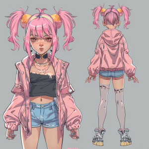 Create a character design for an anime girl with unique pink hai...