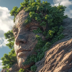 Create an 8K UHD 3D image that blends a stunning human face seamlessly with a Rocky Mountain landscape, using local fauna and flora to form the facial features. Ensure photorealism and intricate detailing for a cohesive and natural appearance.