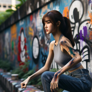 Very thin Athletic Thin skinny Attractive, Asian teenage girl, long brown hair and bangs, wearing tight skinny jeans and a halter top paint marks on her clothing, sitting side view heroic pose Asian graffiti