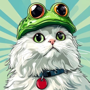 A white cat with a fluffy coat, sporting a whimsical green frog...