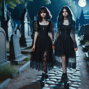 Goth girls in a graveyard at midnight