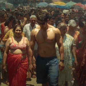 Photo hyperrealism, painting,a muscular beefy kerela son in law...