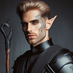 A very attractive, clean shaven elven man with short, swept back...