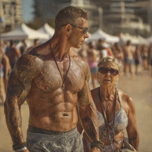 Hyperrealism,v4.1.a muscular beefy sweaty tattoed australian man...