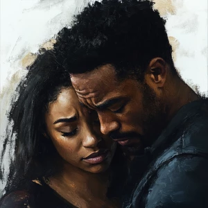 Generate an image of a poignant scene featuring an attractive African American couple, a man and woman, with expressions of sorrow and resignation as they emotionally prepare to go their separate ways.