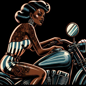 Pin up girl on a motorcycle in an old school tattoo style