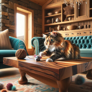 Genrate a cat playing with toys in living room