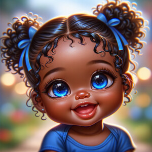 ultra realistic Chibi Style oil painting of Med olive skin  cute African-American American baby girl with deep deep dimples on both checks smiling huge, blue eyes, wearing a blue onesie two curly black pigtails with blue
 ribbons. crystal blue eyes. up-close view bokeh background

S/O Genae Kulah