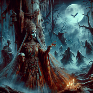 A striking, cinematic illustration of a witch standing beside a...