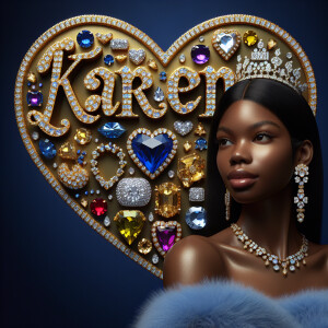 Craft a 3-D image showcasing the name 'KAREN' in a luxurious gol...