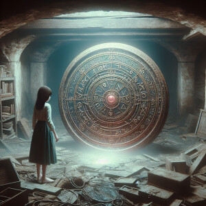 The girl stands in a dark gloomy old basement and finds a medall...