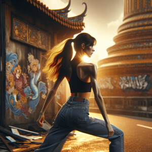 Athletic Thin skinny Attractive, Asian teenage girl, long brown hair and bangs, wearing tight skinny jeans and a halter top paint marks on her clothing, heroic pose Asian graffiti background, backside view