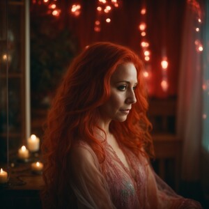 40 year old woman with long red hair in see through nightgown