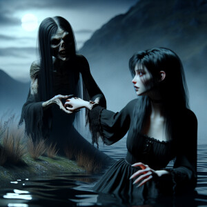 A scary Mermaid pulls a black-haired girl by the hand into the l...