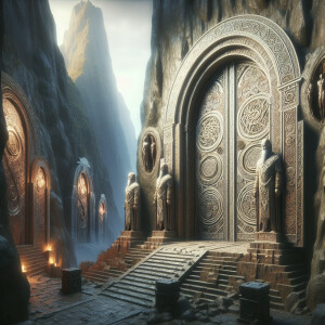 Massive, richly decorated doorways adorned with intricate carvin...