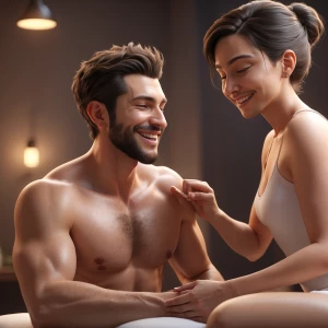 Happy ending masseuse finishing up a male client to his satisfac...