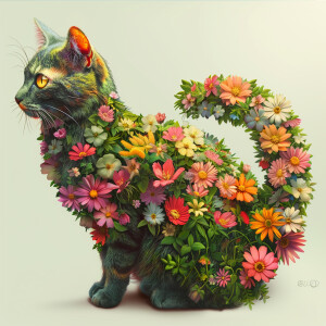 Imagine a cartoon of a cat with a body covered in a vibrant arra...