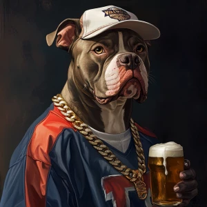 Create an image of a pit bull wearing a white gold chain and a Washington Commander’s cap and football jersey. He is also holding a beer