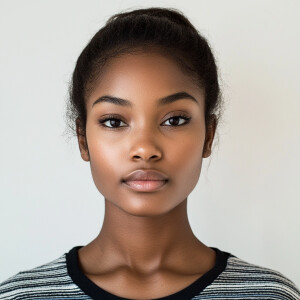 A 22-year-old South African American woman with a clean face, lo...