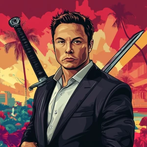 Elon Musk in GTA art style, Hold a sword, in the style of a Gra...