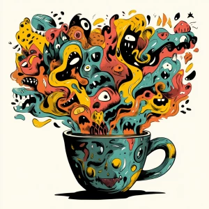 overflowing coffee cup with chaotic swirling steam transforming...