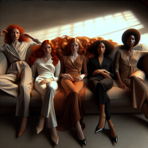 4 women with large breasts and red hair. They are lounging on a...