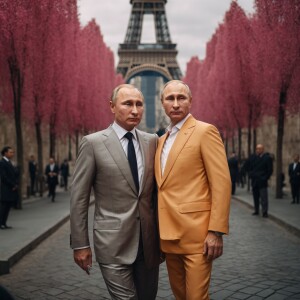 Vladimir Putin stands against the background of the Paris tower