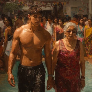 Photo Hyperrealism, painting,a muscular beefy gujarati son in la...