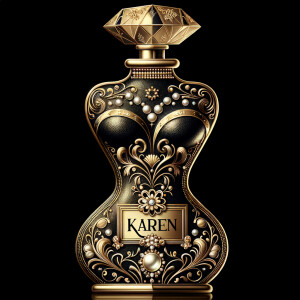 Design a fancy, black and gold bottle of perfume in the shape of a woman’s body. With a golden diamond top, flowers pearls and Diamonds in the name, Karen