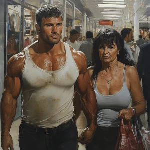 Realism art,A muscular man, glistening with sweat, walks with hi...