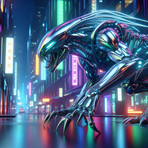 A sleek, phosphorescent high-tech predator prowls through the ne...