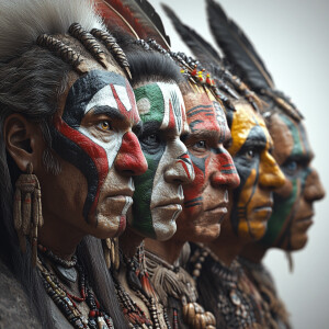 Craft a lifelike 3D rendering of five distinct Native American c...