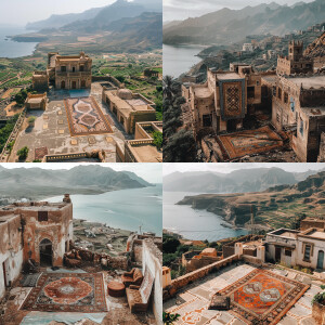 Luxurious Yemeni architecture, aerial view, rug on roof drying,...