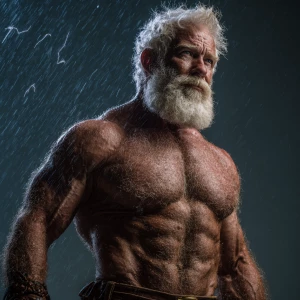 60-year-old man, ginger-white hair color, chest hair, in the rai...