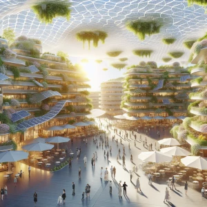 A bustling community plaza filled with people in casual, eco-friendly clothing. The plaza is surrounded by sleek, solar-powered buildings covered in climbing vines and flowering balconies. Overhead, translucent solar panels provide shade while letting dappled sunlight through