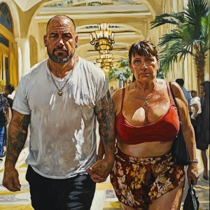 painting realistic.A sweaty  man walking with his 54 year old mo...