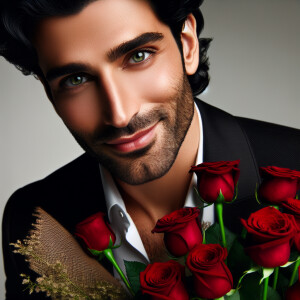 Beautiful man holding roses, smilling, black hair, green eyes, b...