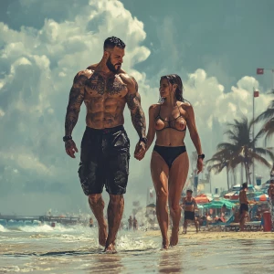 A muscular tattoed criminal walking with his american sweaty aun...