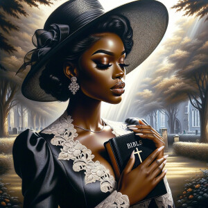 Render an airbrush oil painting of an African American woman with flawless makeup in a
contemplative pose, holding a Bible close to her heart, dressed in an elegant Sunday Best
outfit with a distinctive Church Hat. The background features a peaceful church garden,
with light filtering through the trees, highlighting her spiritual connection and the personal
moment of reflection. The artwork should capture the tranquility of the scene, the beauty
of her attire, and the depth of her contemplation, reflecting a serene and spiritually