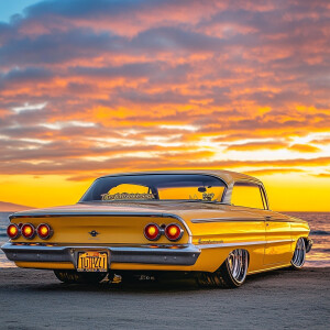 a heavily modified, lowrider yellow 1961 Impala with custom whee...