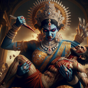 portrait of extremly angry looking goddess kali, blue skinned, sitting on a gold crown and carrying a weak mahishasur on her lap and stabbing him with her amazing red finger nails. She is wearing diamond armor, a huge diamond crown, red saree, abundant diamond jewelry, covered in blood. The scene is set in ancient India. The image is 8K resolution, cinematic, ultra detailed face and epic.