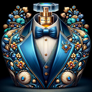 Create a blue and gold cologne bottle in the shape of a tuxedo with flowers with the name, Bradley and colorful jewels and diamonds