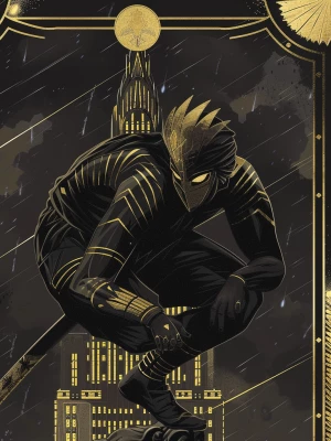 A crouched manga-style hero perches dynamically on a rain-slick...