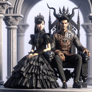 A beautiful girl named lilith with gothic lolita dress sit on the lap of handsome Lucifer with black horn, elegant and epic scene, sitting on the thrones, 3D, humanlike, high res