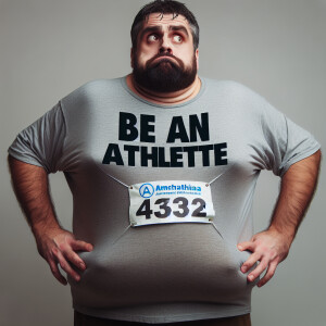 Overweight man humorously struggling to run a marathon, sporting...