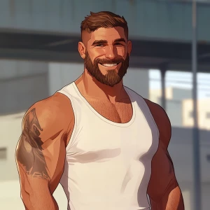 White muscular thin man with beard, big chin, smile and cheekbon...